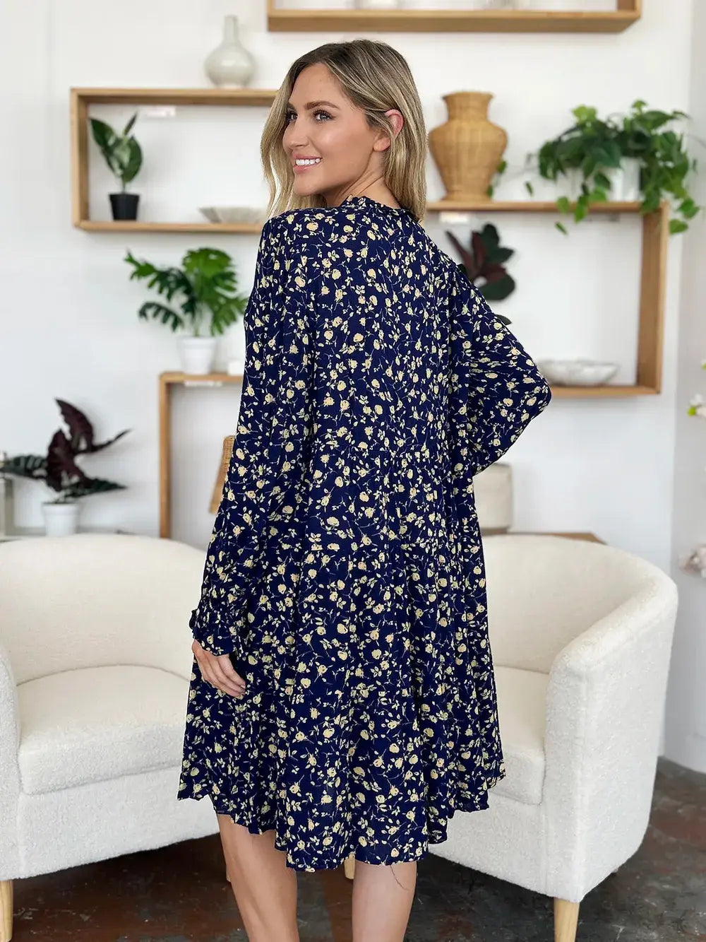 Double Take Full Size Printed Ruffle Hem Long Sleeve Tiered Dress - Trendsi - Flyclothing LLC