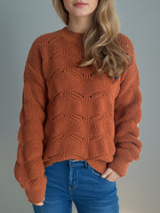 Openwork Round Neck Dropped Shoulder Sweater - Trendsi