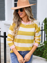 Striped Round Neck Dropped Shoulder Sweater - Trendsi - Flyclothing LLC