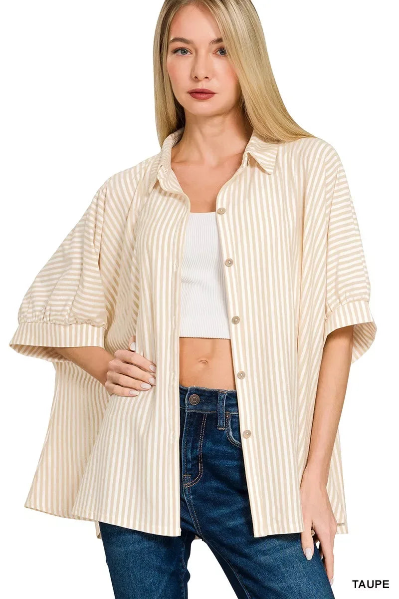 Zenana Oversized Stripe Button Down Shirt - Trendsi - Flyclothing LLC
