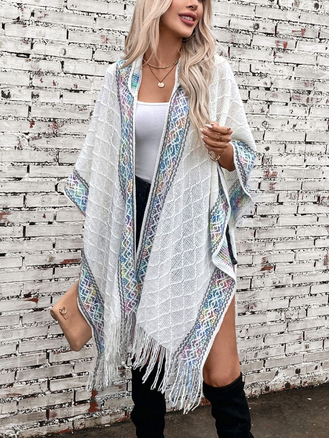 Fringe Half Sleeve Hooded Poncho - Trendsi