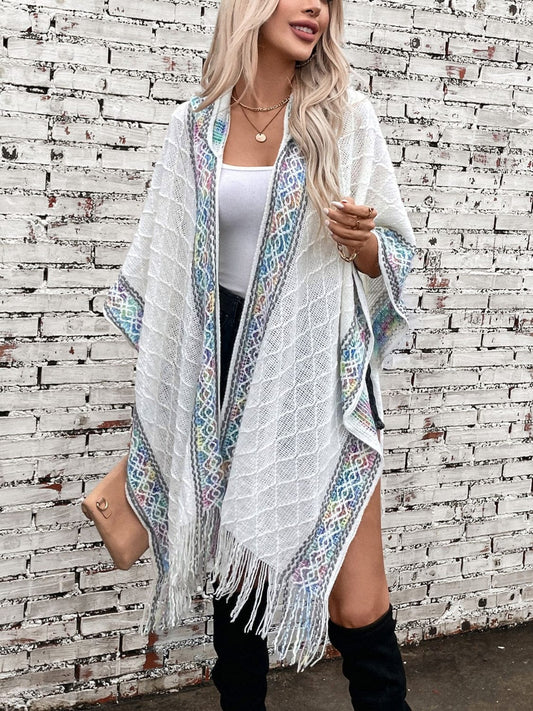 Fringe Half Sleeve Hooded Poncho - Trendsi