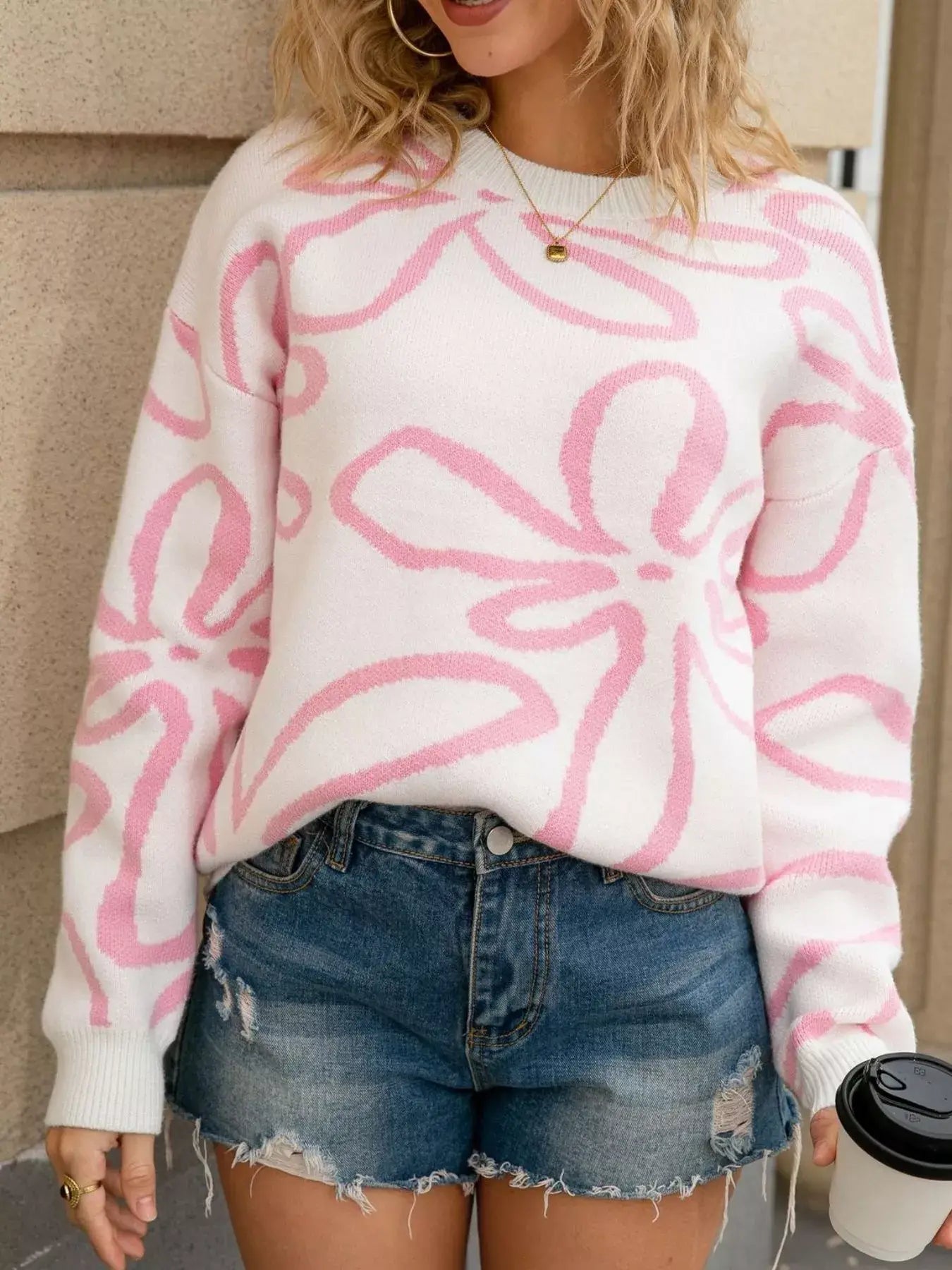 Flower Crew Neck Long Sleeve Sweater - Trendsi - Flyclothing LLC