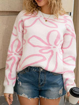 Flower Crew Neck Long Sleeve Sweater - Trendsi - Flyclothing LLC