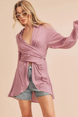Aemi + Co Tied Collared Neck Long Sleeve Top - Trendsi - Flyclothing LLC