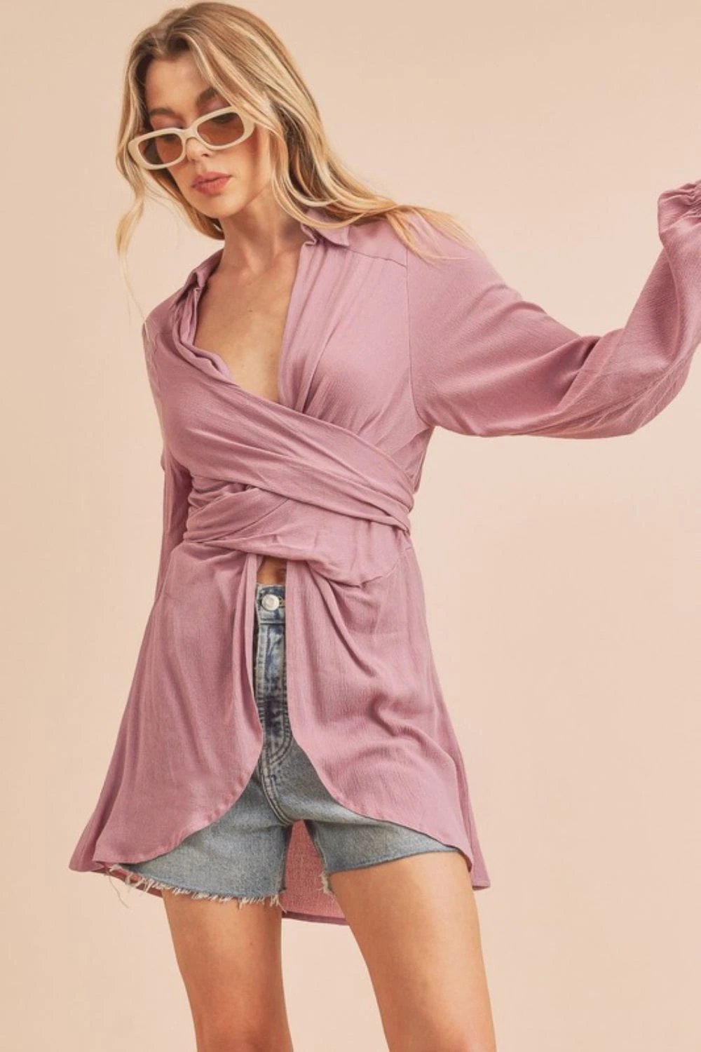 Aemi + Co Tied Collared Neck Long Sleeve Top - Trendsi