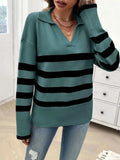Striped Collared Neck Long Sleeve Sweater - Trendsi - Flyclothing LLC