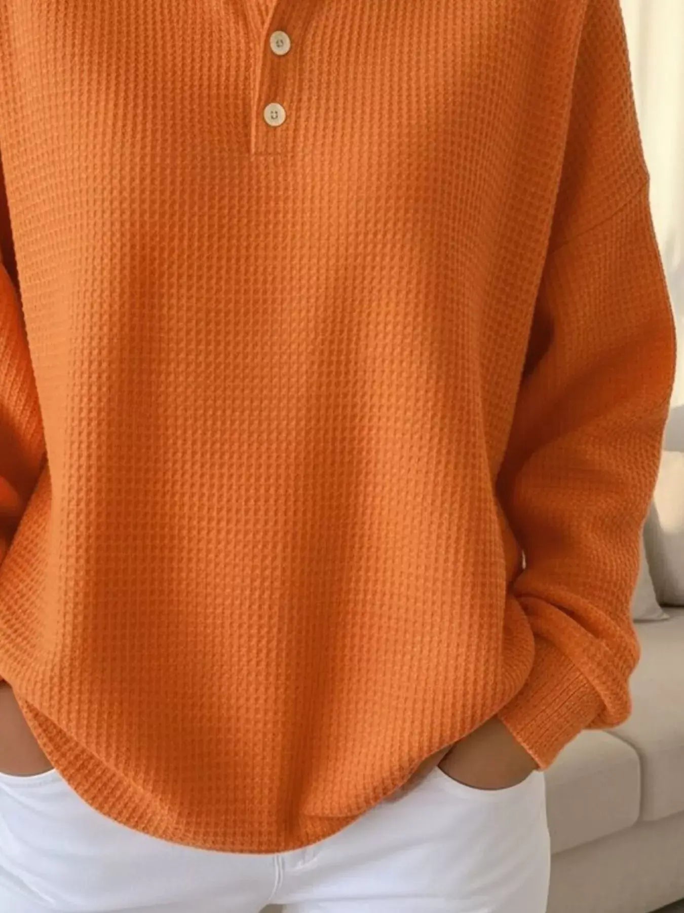 Full Size Waffle Knit Button Detail Sweatshirt Plus Size - Trendsi - Flyclothing LLC