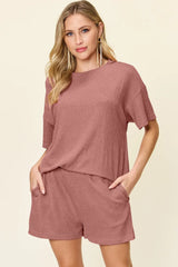 Double Take Full Size Round Neck Short Sleeve T-Shirt and Shorts Set - Trendsi - Flyclothing LLC