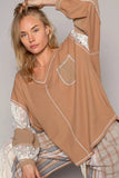 POL V-Neck Lace Balloon Sleeve Exposed Seam Top - Trendsi
