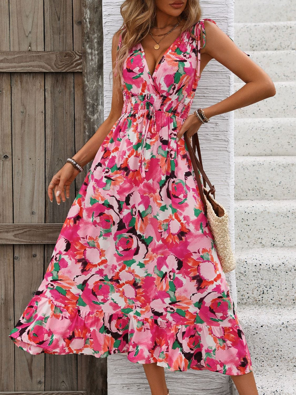 Ruffled Smocked Printed Sleeveless Dress - Trendsi