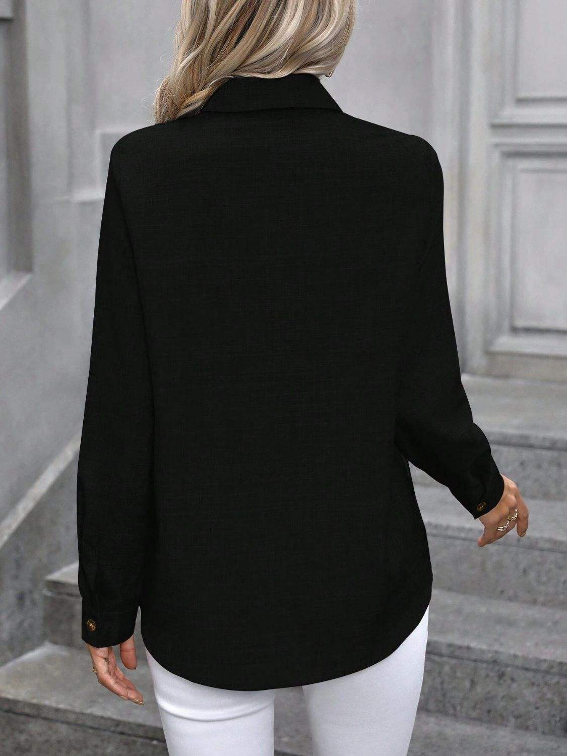Button Up Collared Neck Long Sleeve Shirt - Trendsi - Flyclothing LLC