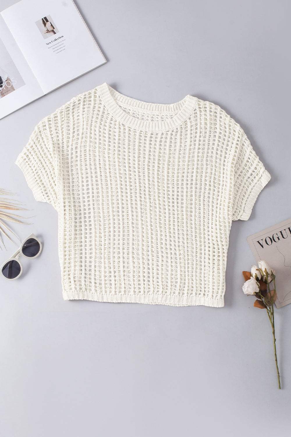 Openwork Round Neck Half Sleeve Knit Cover Up - Trendsi - Flyclothing LLC