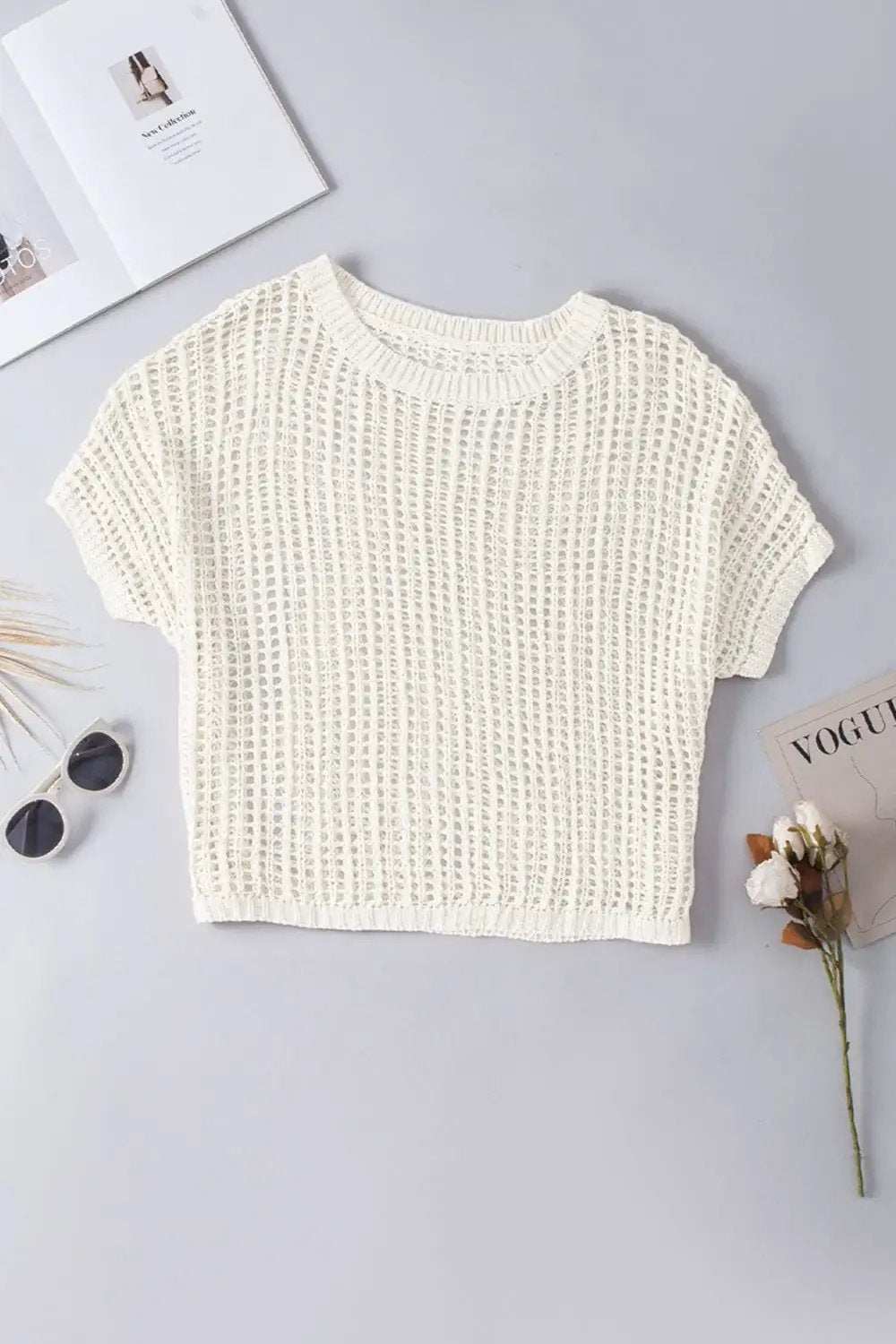 Openwork Round Neck Half Sleeve Knit Cover Up - Trendsi - Flyclothing LLC