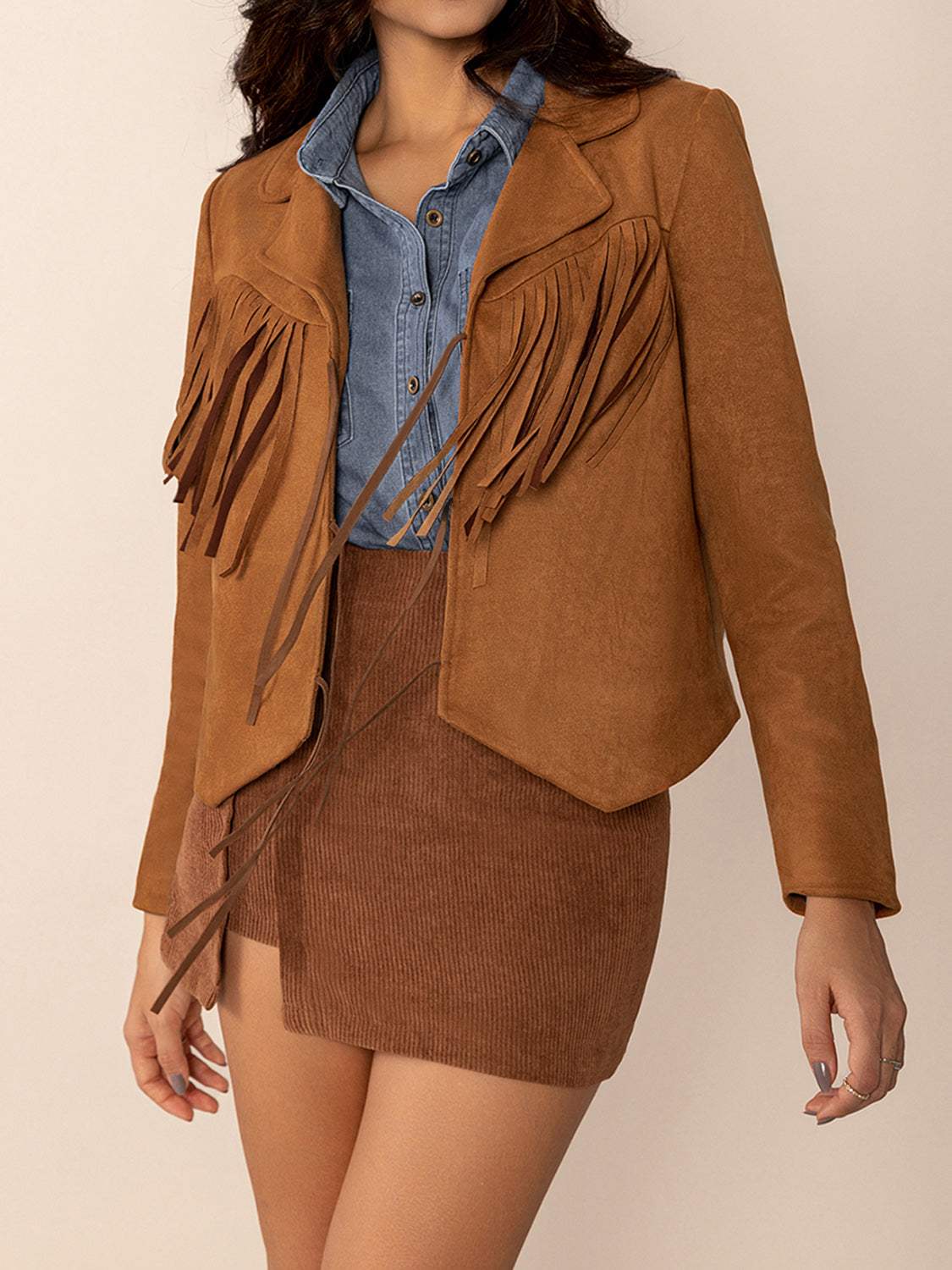Tied Tassel Collared Neck Long Sleeve Jacket - Trendsi - Flyclothing LLC