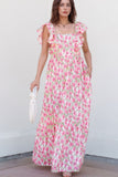 Floral Print Square Neck Ruffled Cap Sleeve Maxi Dress - Trendsi