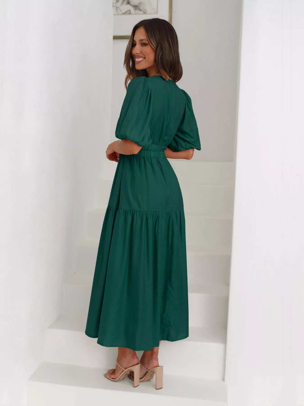 Tiered Puff Sleeve Midi Dress - Trendsi - Flyclothing LLC
