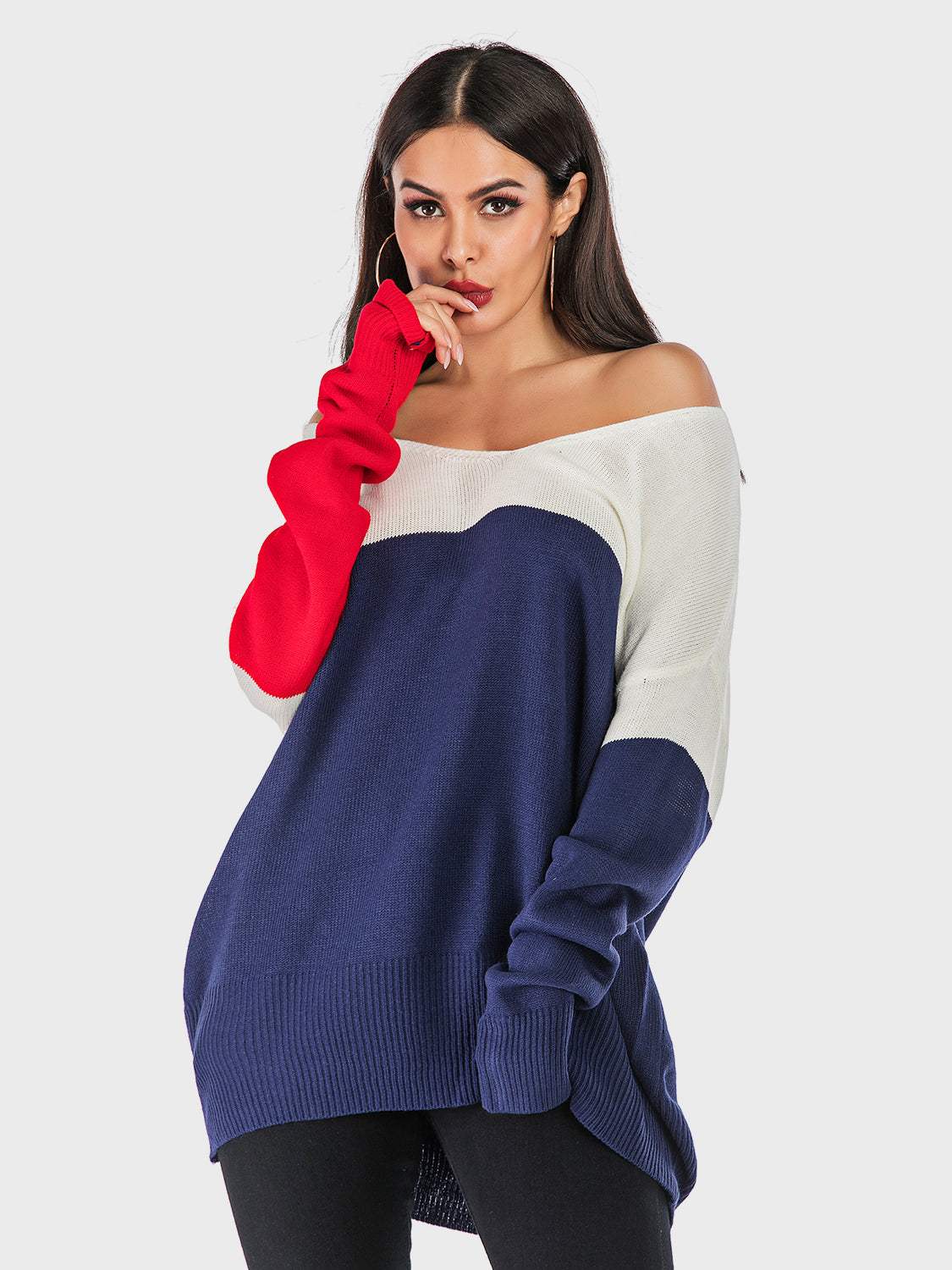 Perfee Contrast V-Neck Long Sleeve Knit Top - Trendsi - Flyclothing LLC