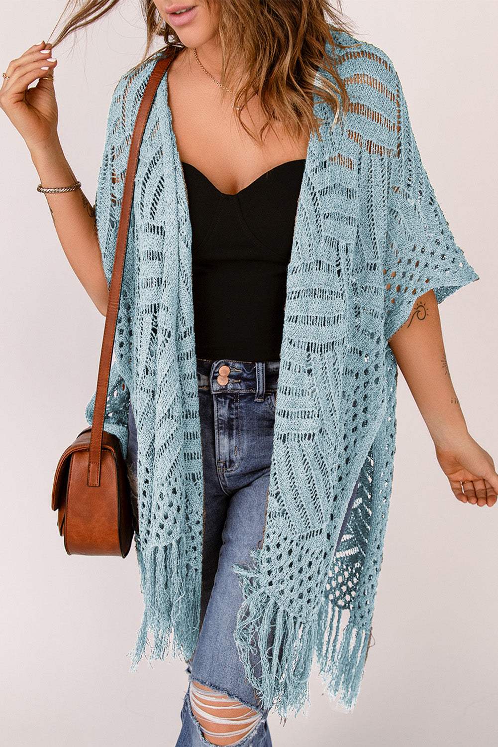 Openwork Open Front Cardigan with Fringes - Trendsi - Flyclothing LLC