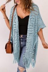 Openwork Open Front Cardigan with Fringes - Trendsi - Flyclothing LLC