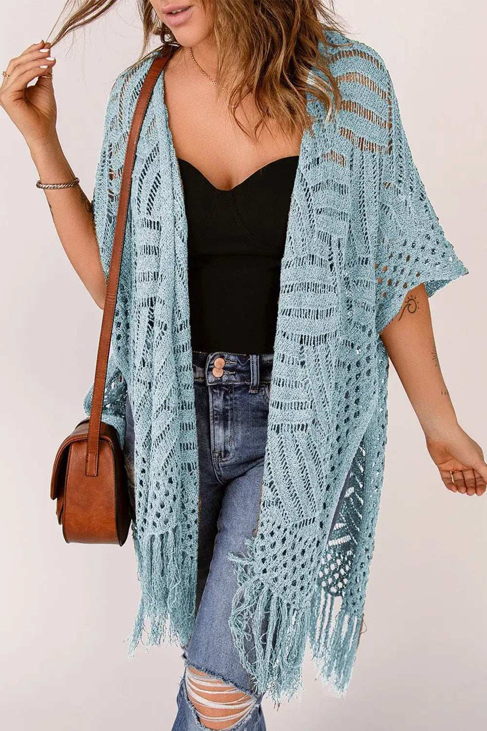 Openwork Open Front Cardigan with Fringes - Trendsi - Flyclothing LLC