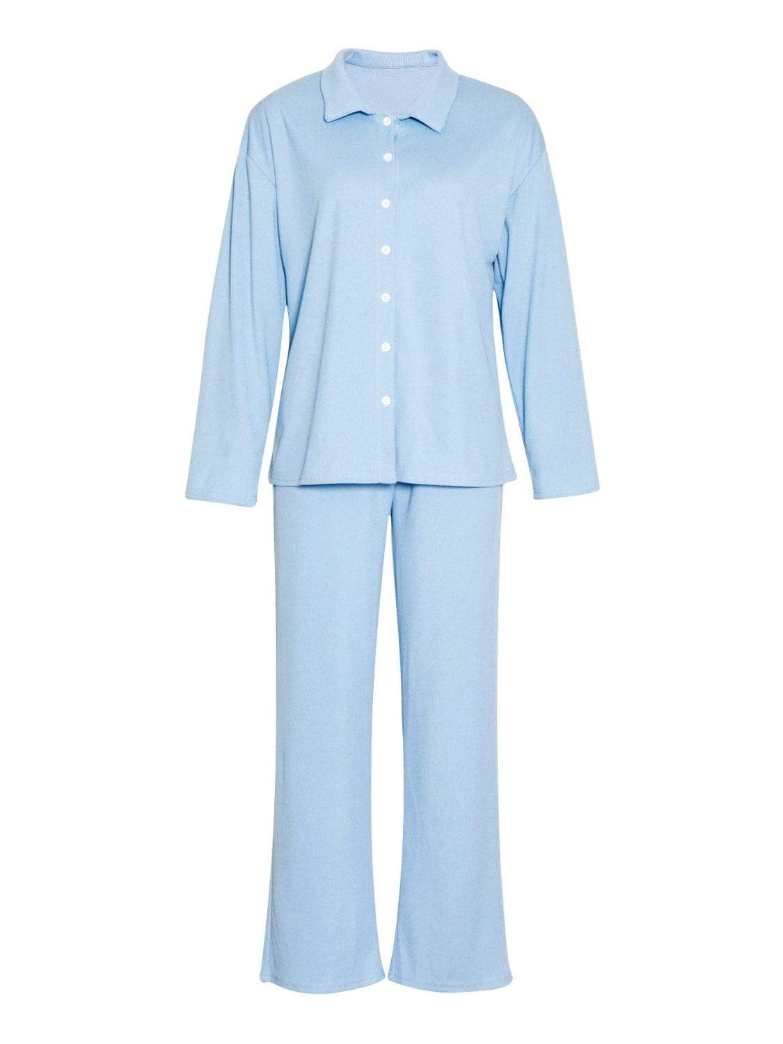 Collared Neck Long Sleeve Top and Drawstring Pants Set - Trendsi - Flyclothing LLC