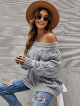 Cable Knit Openwork Off-Shoulder Sweater - Trendsi - Flyclothing LLC
