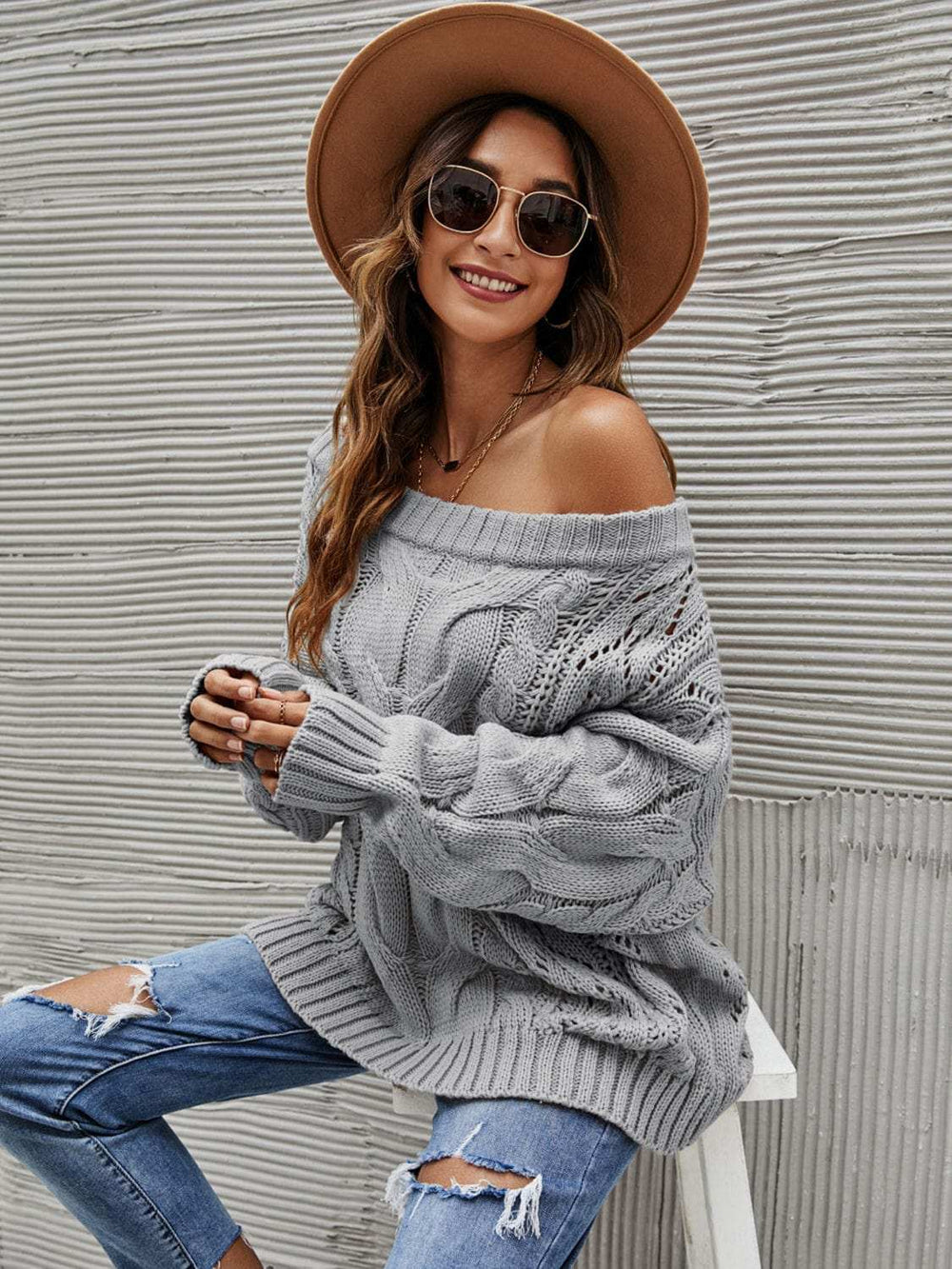 Cable Knit Openwork Off-Shoulder Sweater - Trendsi - Flyclothing LLC