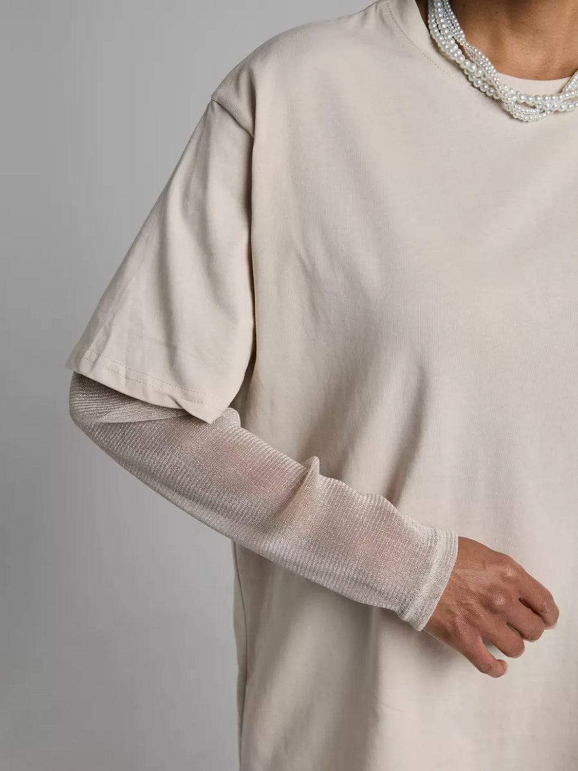 Faux Layered Round Neck Mesh Sleeve Top - Trendsi - Flyclothing LLC
