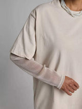 Faux Layered Round Neck Mesh Sleeve Top - Trendsi - Flyclothing LLC