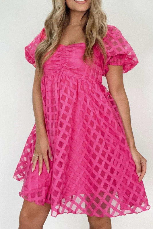 Plaid Puff Sleeve Babydoll Dress - Trendsi - Flyclothing LLC