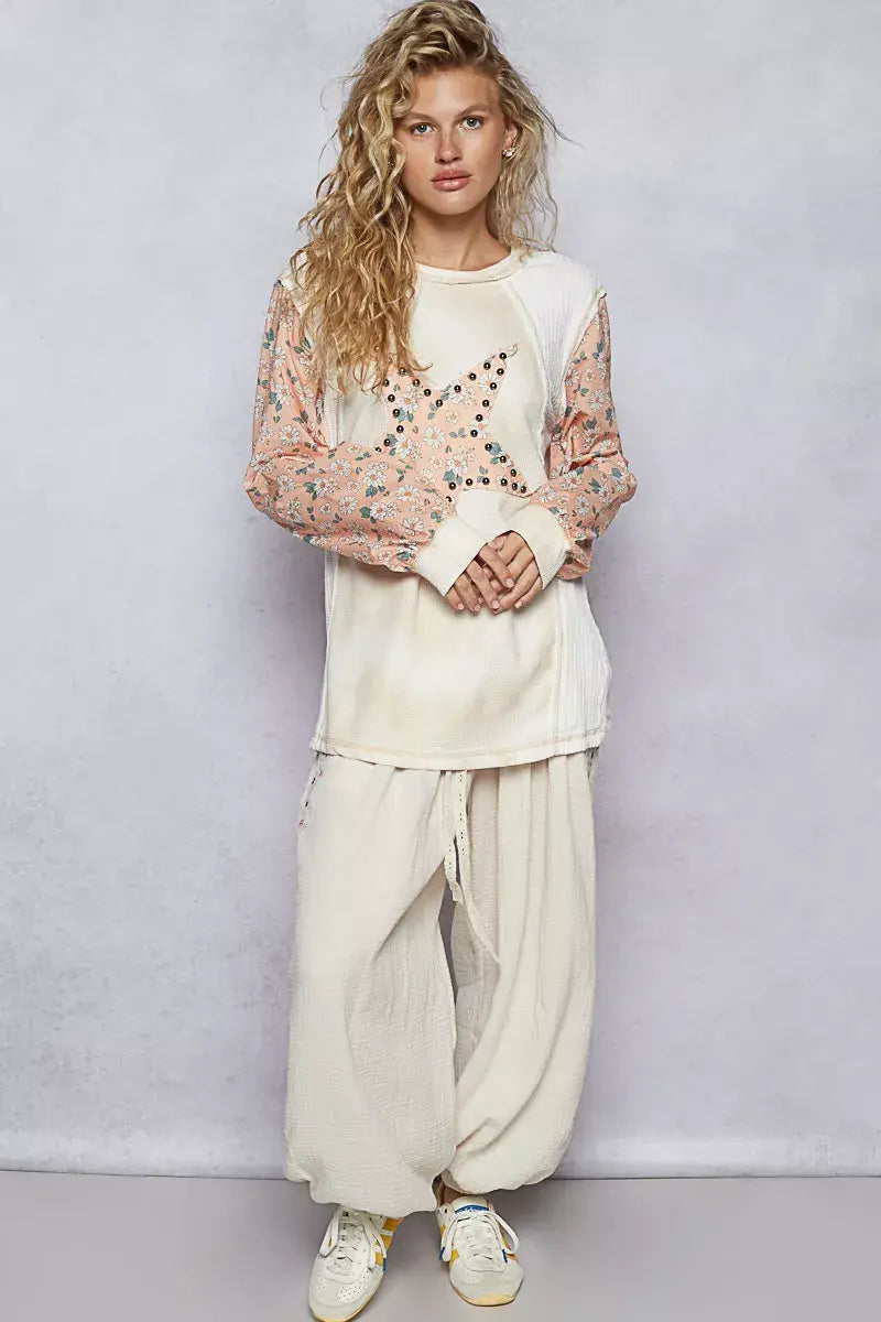 POL Exposed Seam Star Patch Thermal Top with Floral Sleeves - Trendsi - Flyclothing LLC