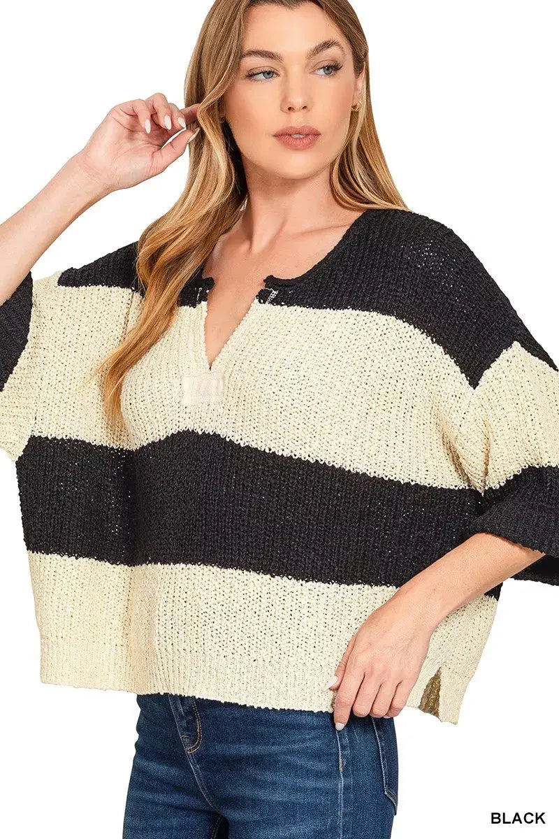 Zenana Split Neck Stripe Sweater - Trendsi - Flyclothing LLC