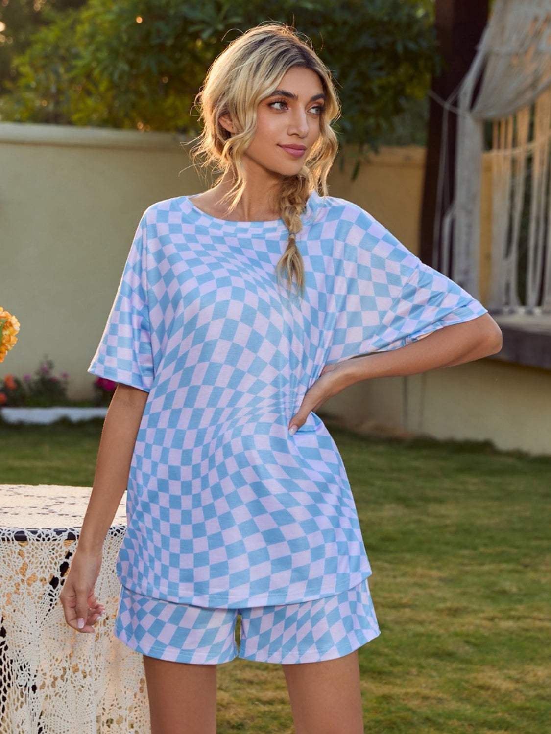 Plaid Round Neck Top and Shorts Lounge Set - Trendsi - Flyclothing LLC