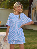 Plaid Round Neck Top and Shorts Lounge Set - Trendsi - Flyclothing LLC