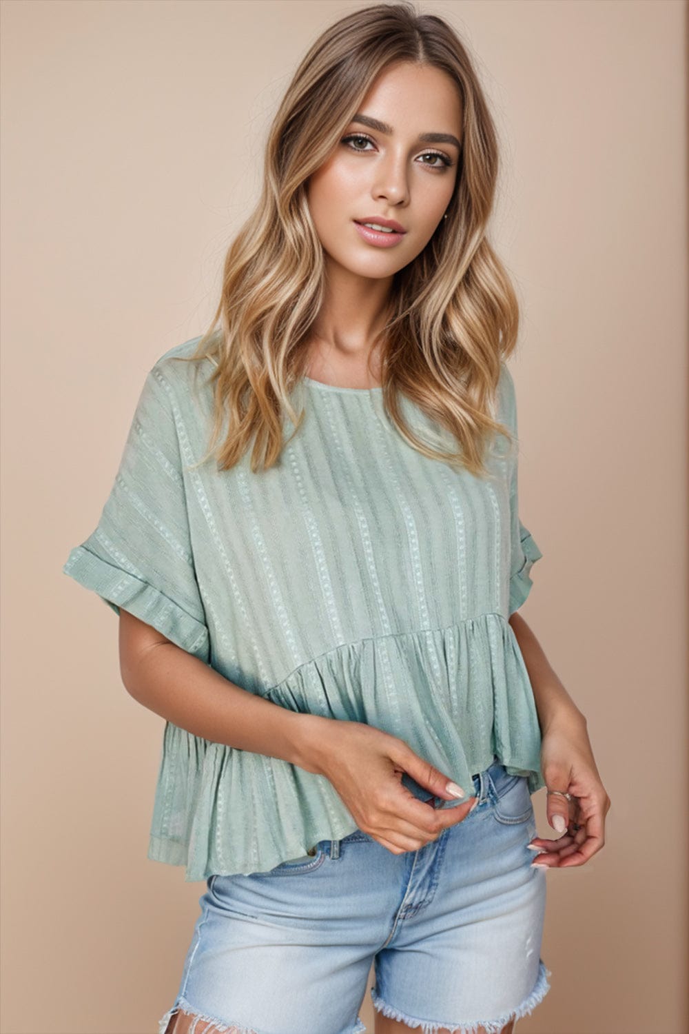 Peplum Round Neck Half Sleeve Blouse - Trendsi