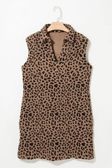 Leopard Johnny Collar Sleeveless Mini Dress - Trendsi - Flyclothing LLC