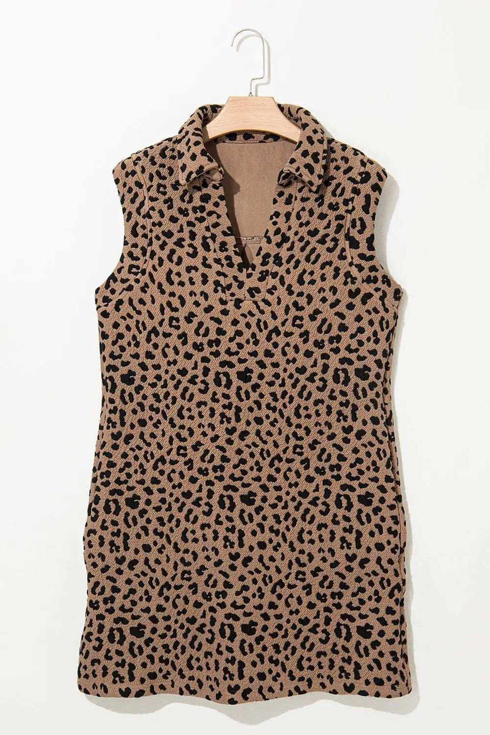 Leopard Johnny Collar Sleeveless Mini Dress - Trendsi - Flyclothing LLC