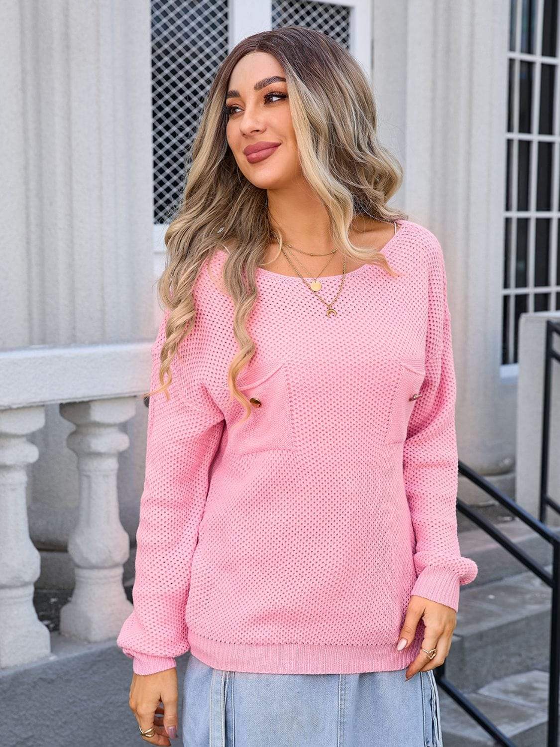 Decor Button Drop Shoulder Knit Top - Trendsi - Flyclothing LLC