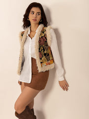 Embroidered Fuzzy Trim Open Front Vest Coat - Trendsi