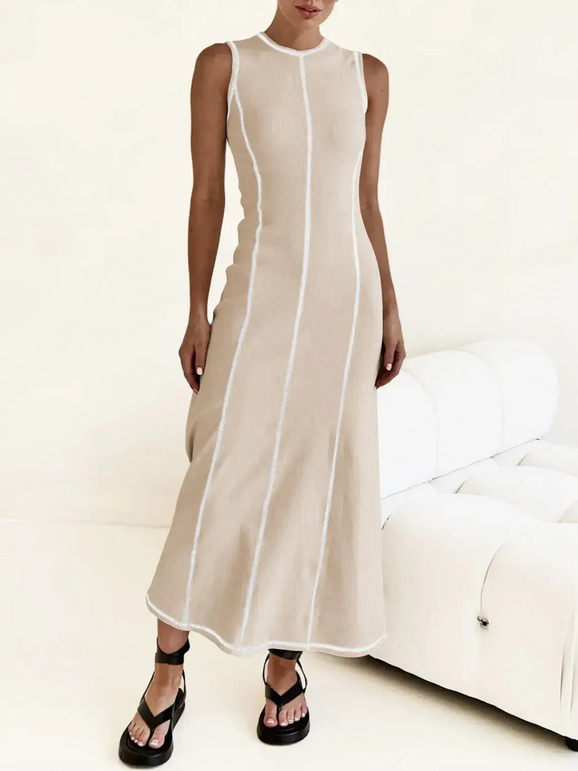 Contrast Stitching Round Neck Sleeveless Midi Dress - Trendsi - Flyclothing LLC