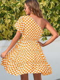 Checkered Single Shoulder Mini Dress - Trendsi - Flyclothing LLC