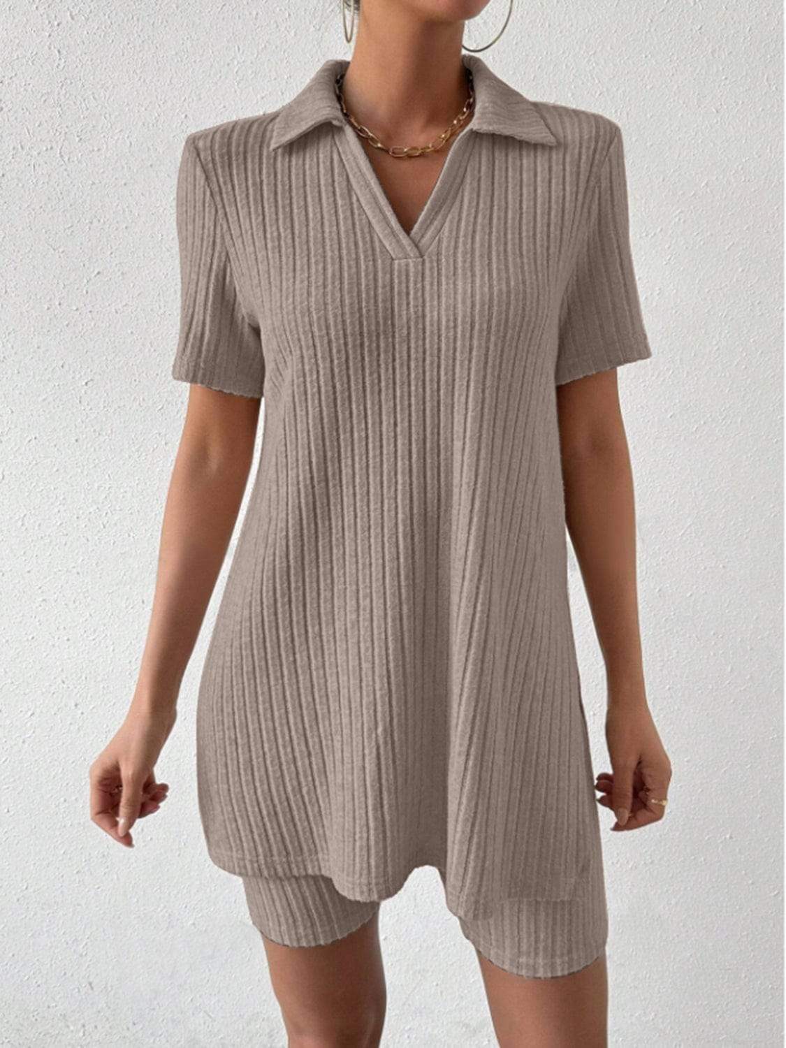 Johnny Collar Short Sleeve Top and Shorts Set - Trendsi - Flyclothing LLC