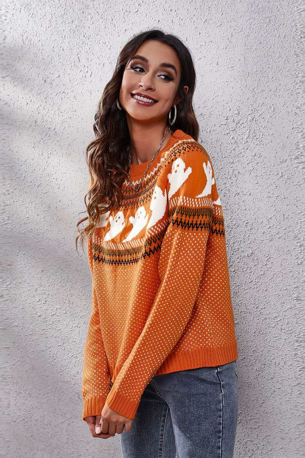 Ghost Pattern Round Neck Long Sleeve Sweater - Trendsi - Flyclothing LLC