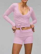 Long Sleeve Fitted T-Shirt and Shorts Set - Trendsi - Flyclothing LLC