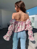 Printed Off-Shoulder Flounce Sleeve Blouse - Trendsi - Flyclothing LLC