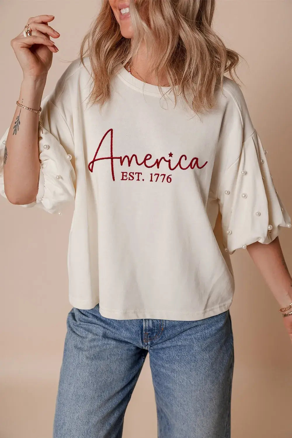 AMERICA EST 1776 Embroidered Pearl Beaded Sleeve T Shirt - Trendsi - Flyclothing LLC