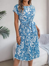 Tied Pleated Printed Short Sleeve Dress - Trendsi - Flyclothing LLC