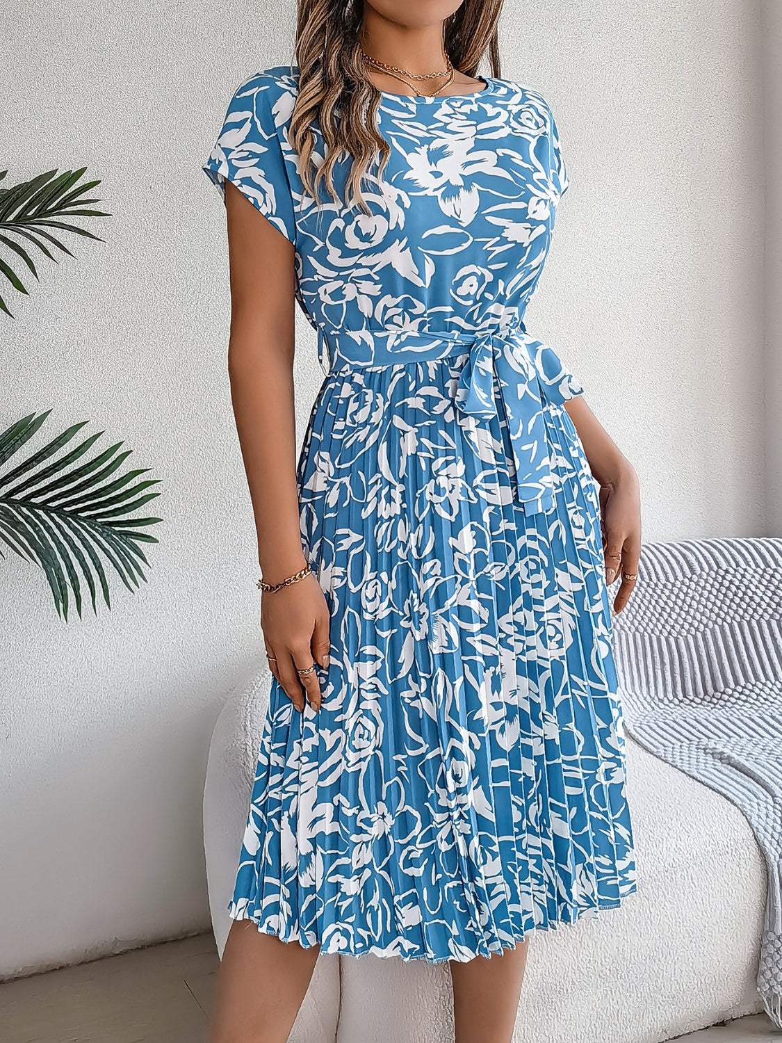 Tied Pleated Printed Short Sleeve Dress - Trendsi - Flyclothing LLC