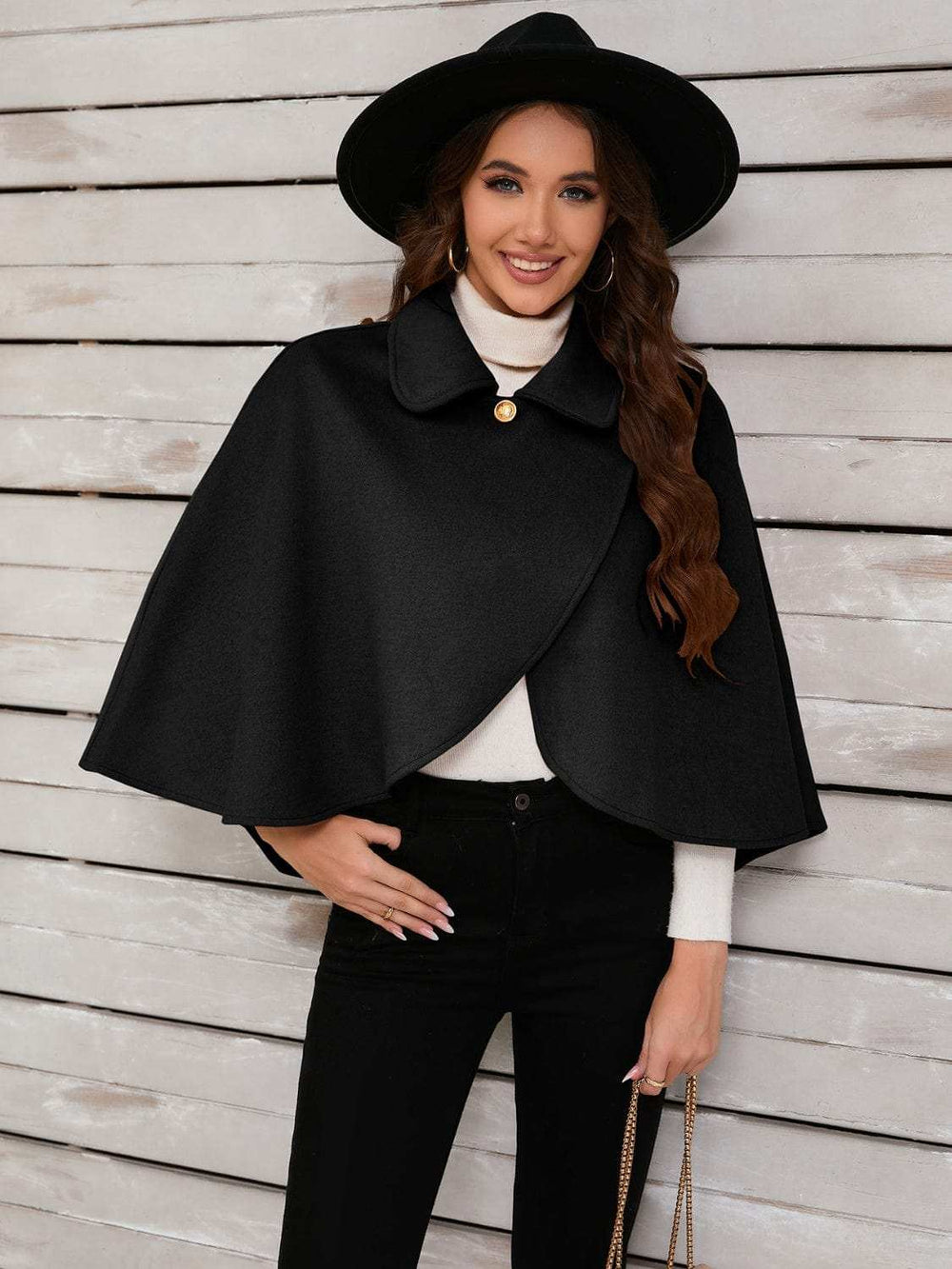 Collared Neck Cropped Cape - Trendsi - Flyclothing LLC